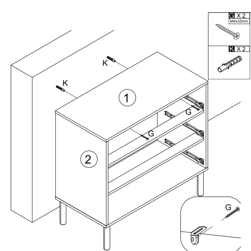 Attaching cylindrical legs with mounting plates and screws to the cabinet base.