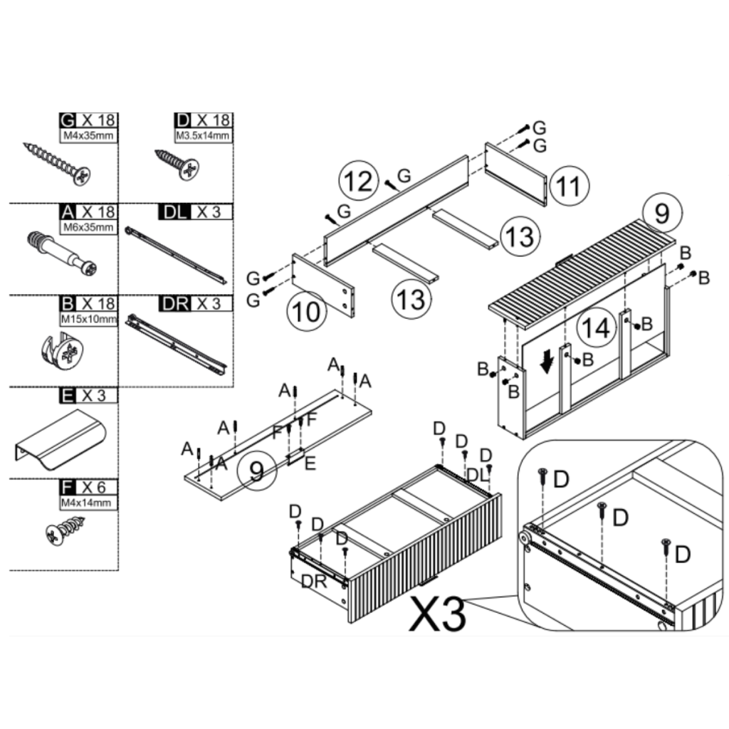 Three drawers being assembled with screws, runners, and panels for cabinet setup.