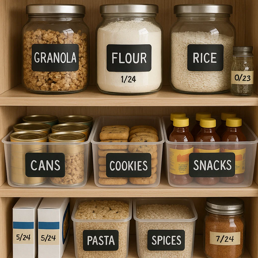 Pantry with labeled glass jars and clear bins storing flour, rice, pasta, cookies, cans, and snacks.
