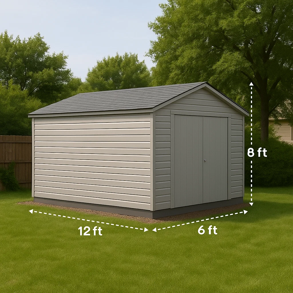 Beige shed with gable roof measuring 12 feet by 6 feet by 8 feet.