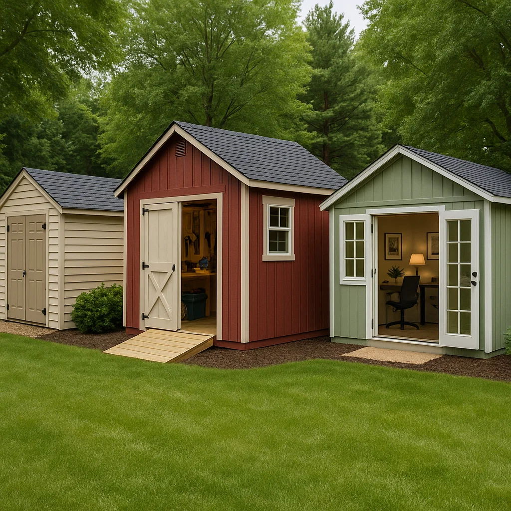 Three backyard sheds in beige, red, and green used as storage and office.