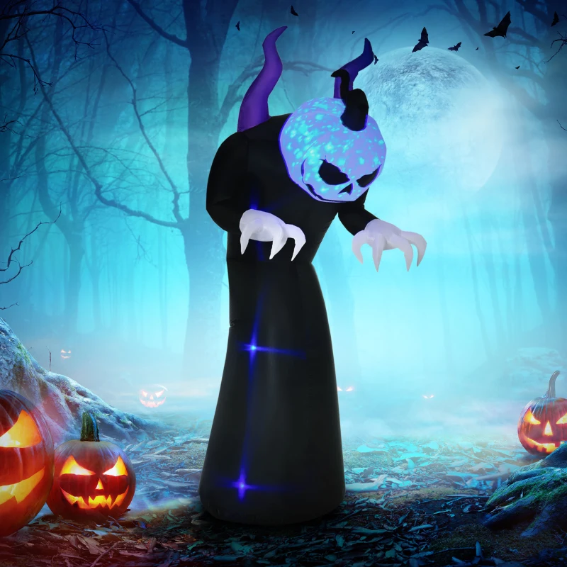 Creepy inflatable pumpkin-headed monster with glowing blue face in spooky forest.