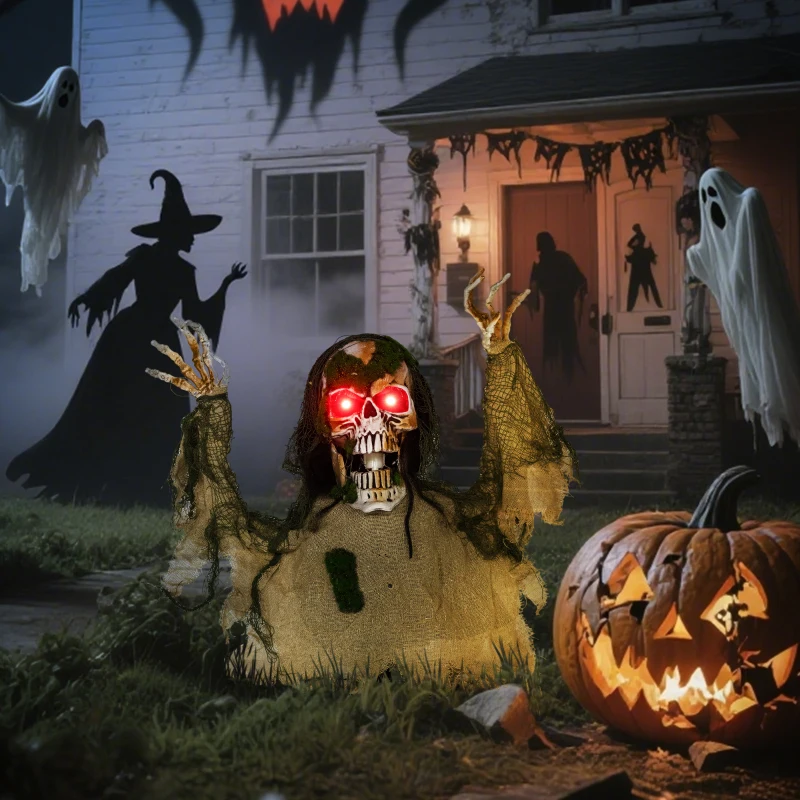 Red-eyed skeleton rising from ground outside haunted house with glowing pumpkins.