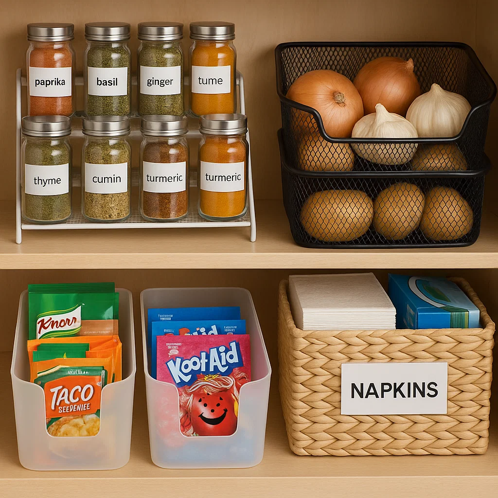 Pantry shelf with labeled spice jars, mesh baskets of onions, and bins for napkins and packets.