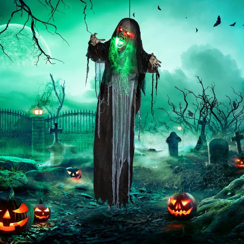 Hanging grim reaper monster with glowing green mouth and red eyes in graveyard.