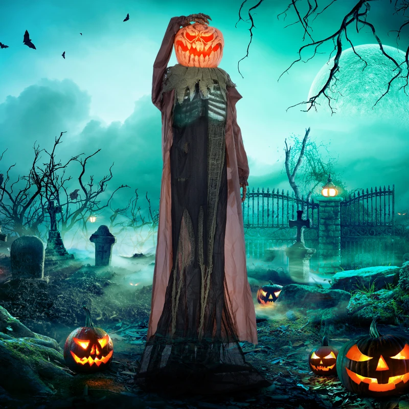 Pumpkin-headed skeleton ghost with glowing face standing in haunted graveyard.