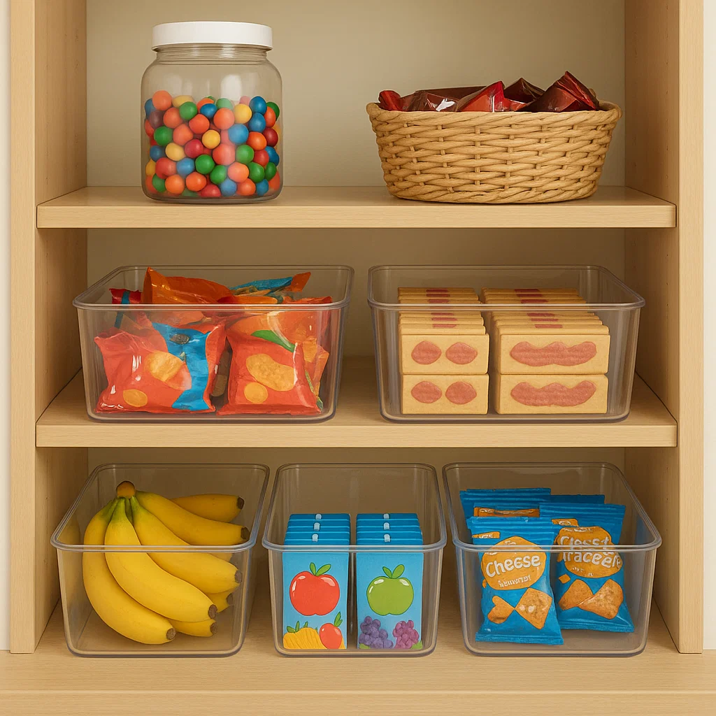Pantry shelves with clear bins storing bananas, snacks, drinks, and treats arranged for kids’ easy access.