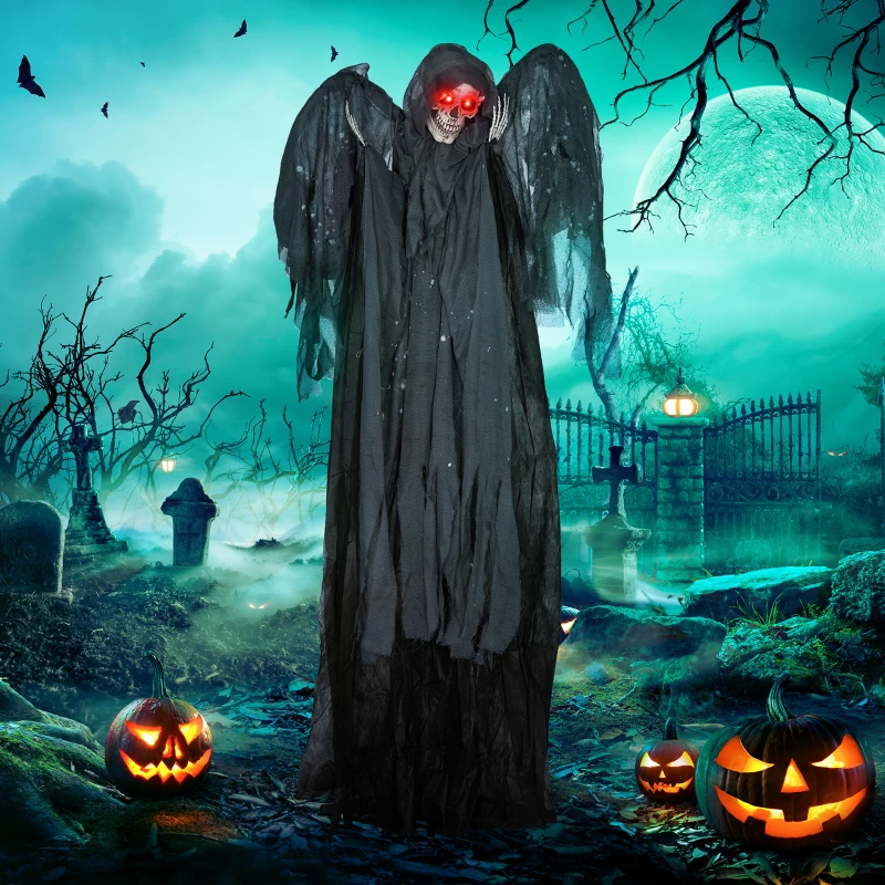Tall grim reaper with glowing eyes and dark wings in eerie graveyard.