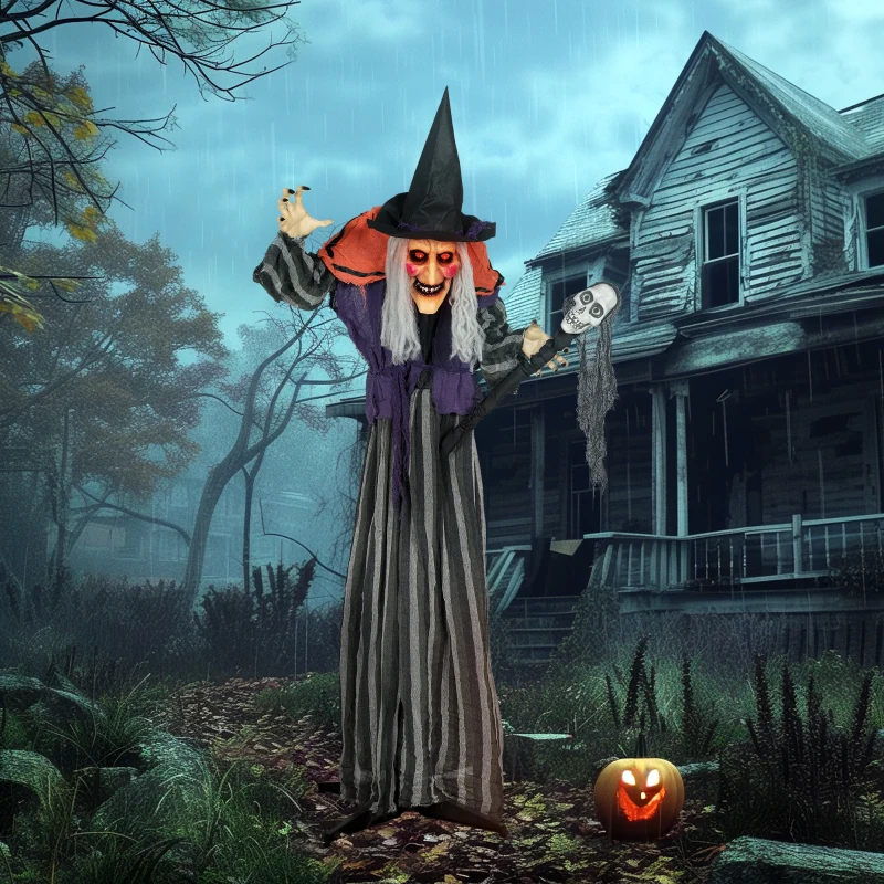 Creepy witch with glowing red eyes holding skull staff near haunted house.
