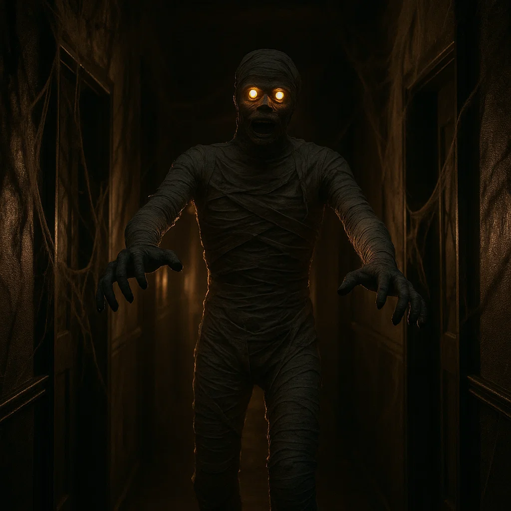 Life-size mummy with glowing eyes reaching out in hallway.