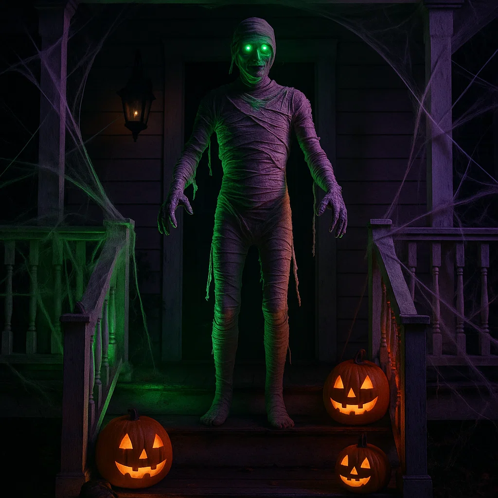 Life-size mummy with glowing green eyes on porch with pumpkins.