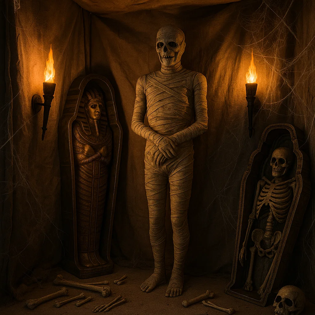 Standing mummy beside skeleton in coffin within torch-lit tomb.