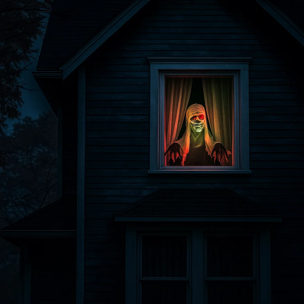 Glowing mummy figure peering from upstairs window at night.