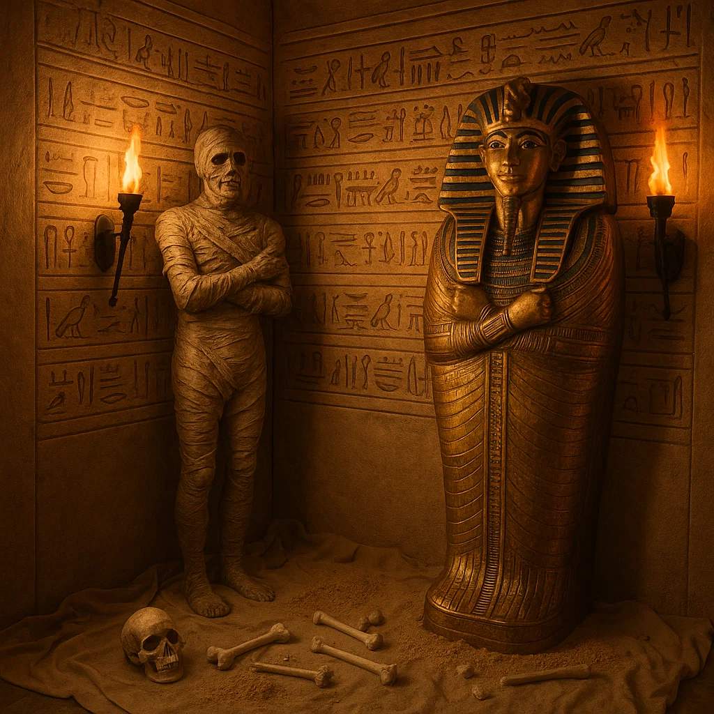 Mummy standing beside golden sarcophagus in Egyptian tomb scene.