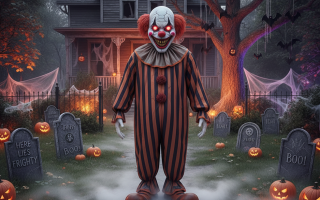 Menacing clown with glowing eyes in a foggy graveyard outside a haunted house with pumpkins.