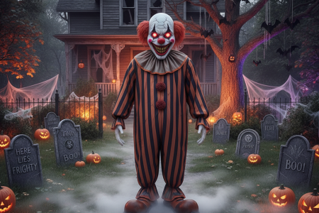 Menacing clown with glowing eyes in a foggy graveyard outside a haunted house with pumpkins.