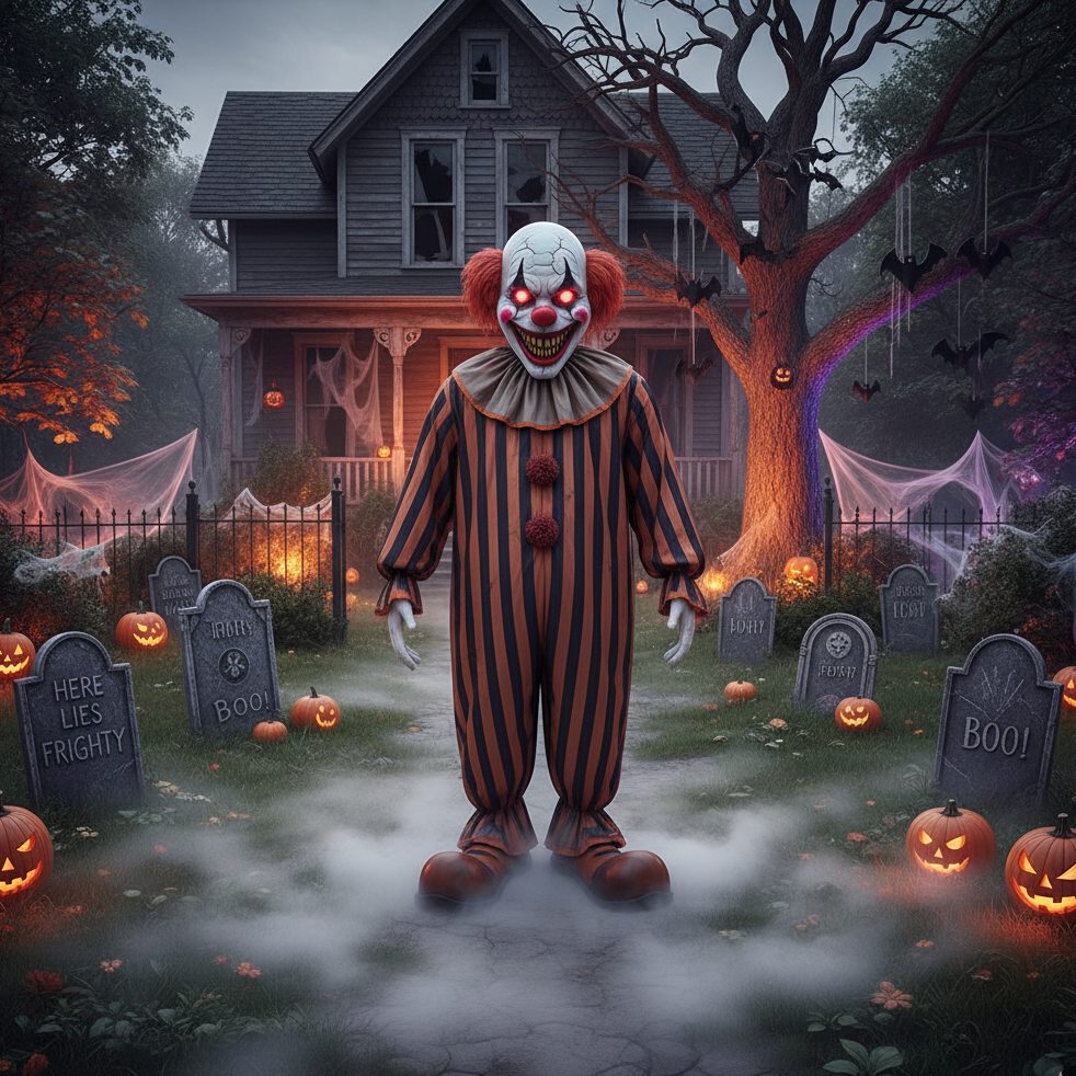 Menacing clown with glowing eyes in a foggy graveyard outside a haunted house with pumpkins.