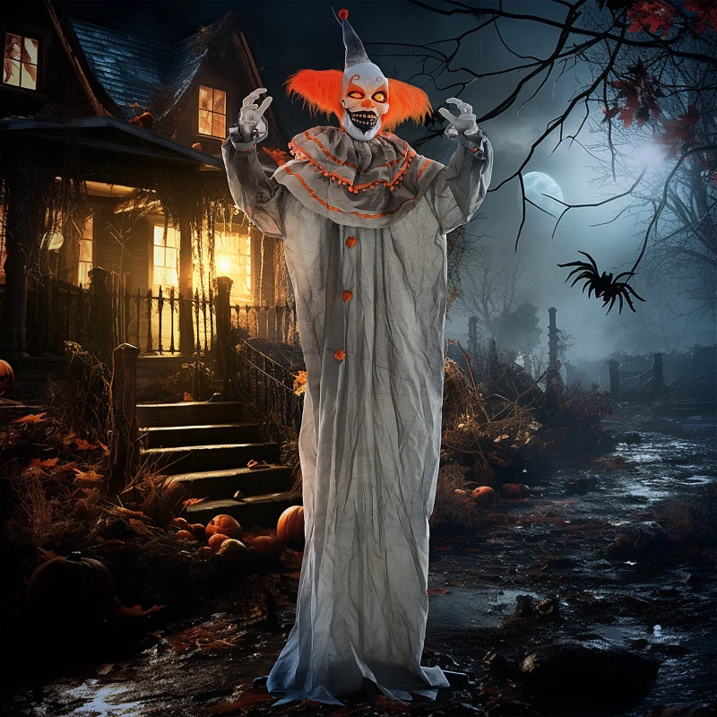 Tall orange-haired clown in gray costume standing near a spooky house with pumpkins and cobwebs at night.