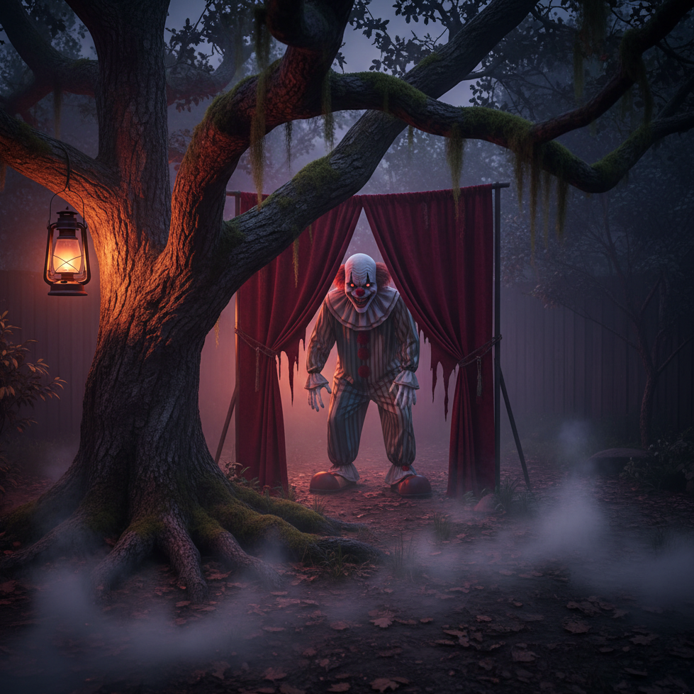 Sinister clown lurking behind red curtains in a foggy forest with lantern light for a creepy scene.