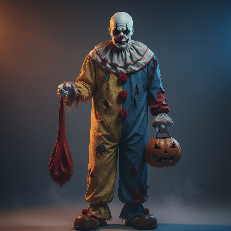 Scary clown in a torn costume holding pumpkin bucket and sack, lit with dramatic Halloween lighting.