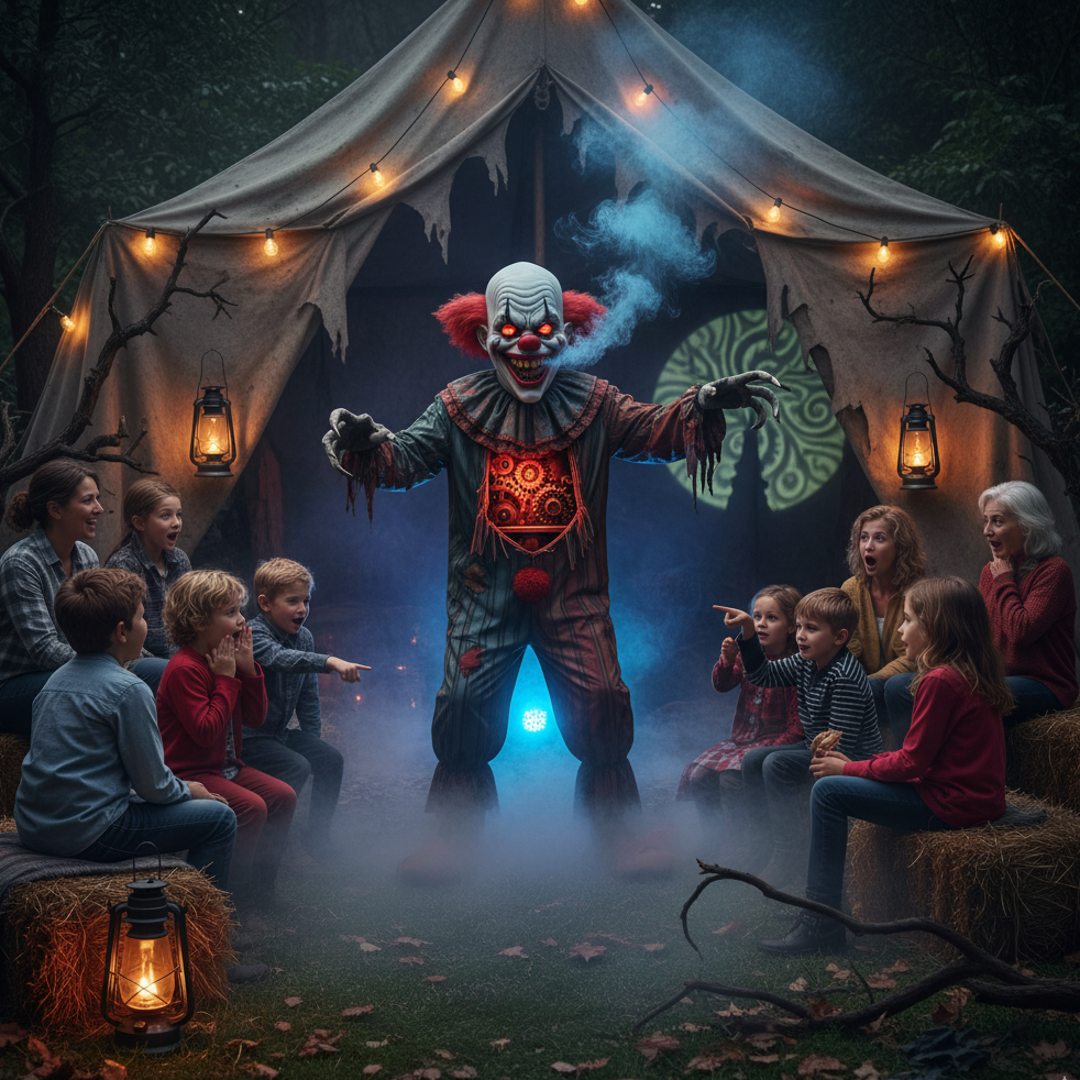 Family and kids gathered at a tent while a smoke-breathing clown performs a scary Halloween act.