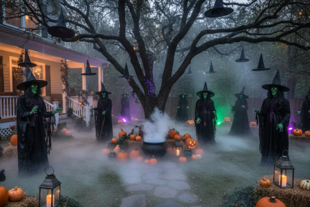 Group of witches in foggy yard with pumpkins and hanging hats.