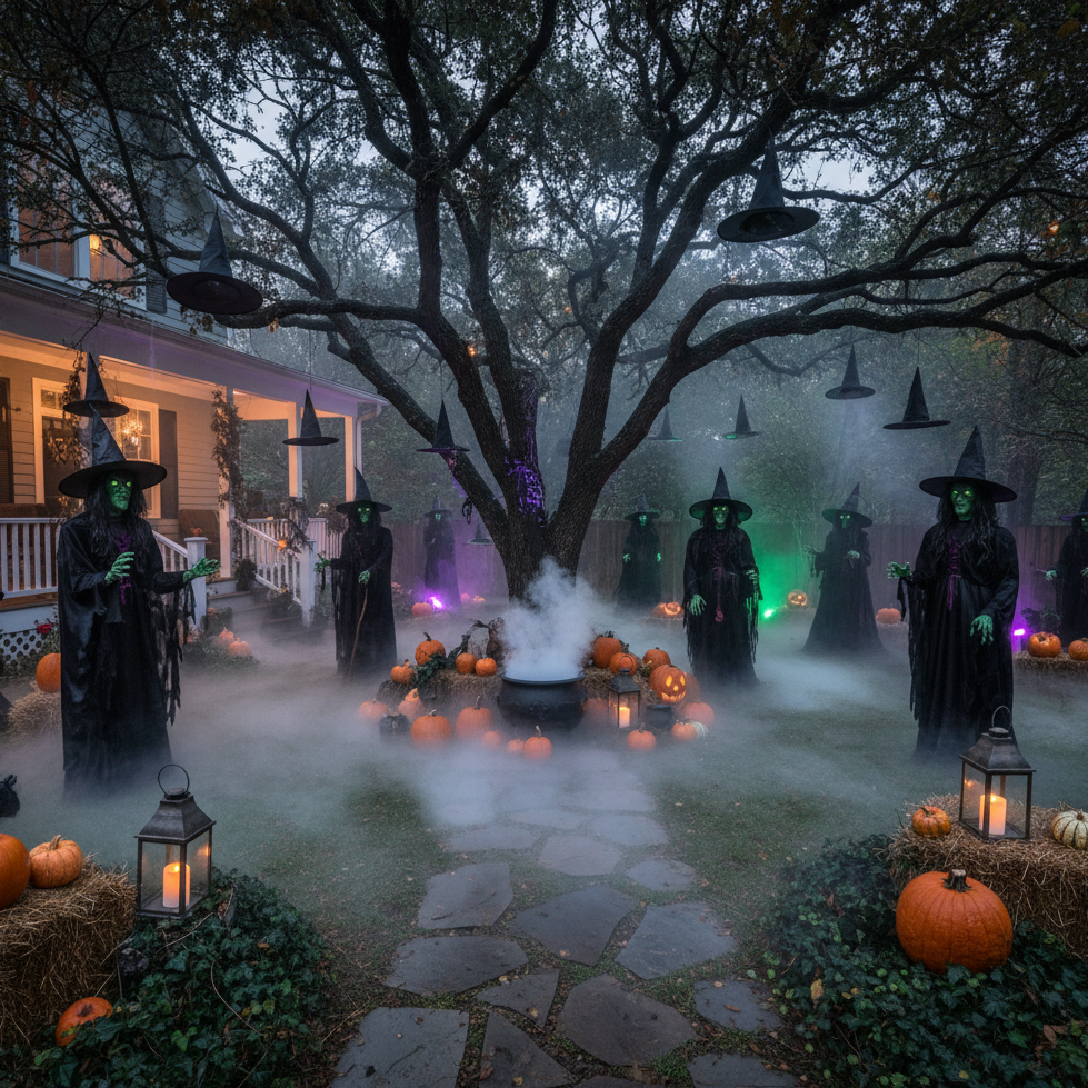 Group of witches in foggy yard with pumpkins and hanging hats.