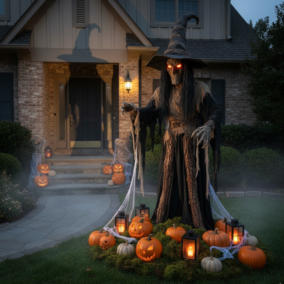 Life-size witch with glowing red eyes in haunted pumpkin yard.
