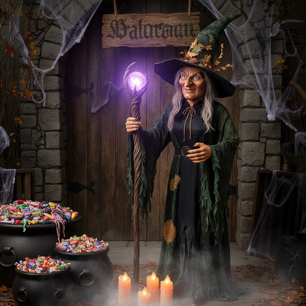 Witch holding glowing staff beside cauldrons of candy and candles.