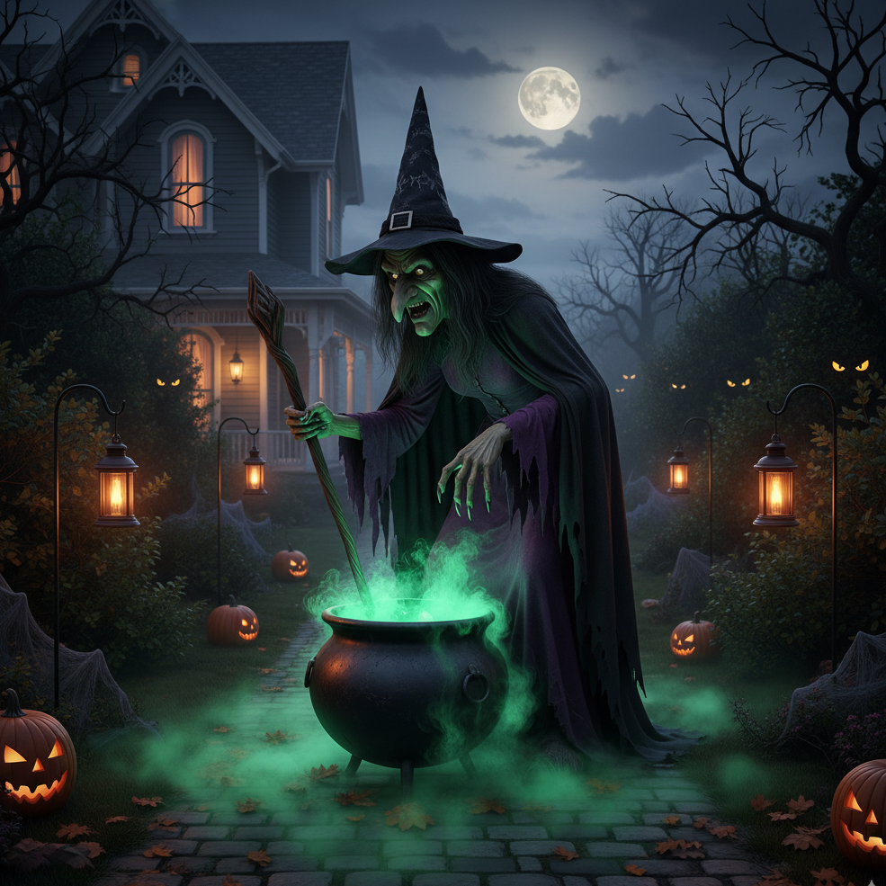 Witch stirring cauldron with green smoke in glowing pumpkin yard.
