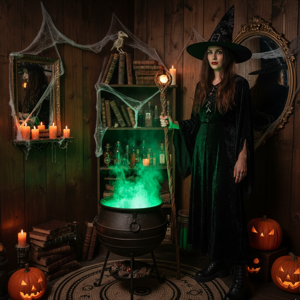 Witch standing indoors with bubbling cauldron and potion bottles.
