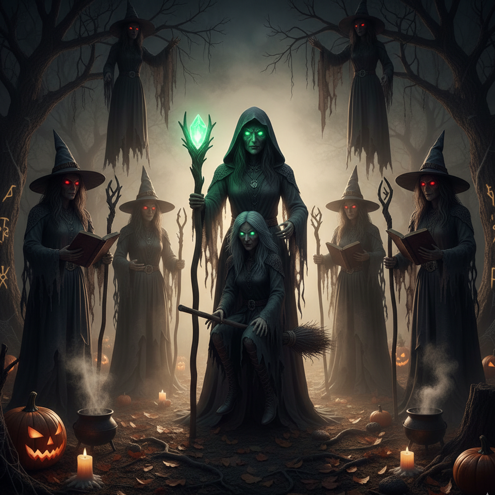 Group of witches with glowing staffs casting spells in spooky forest.