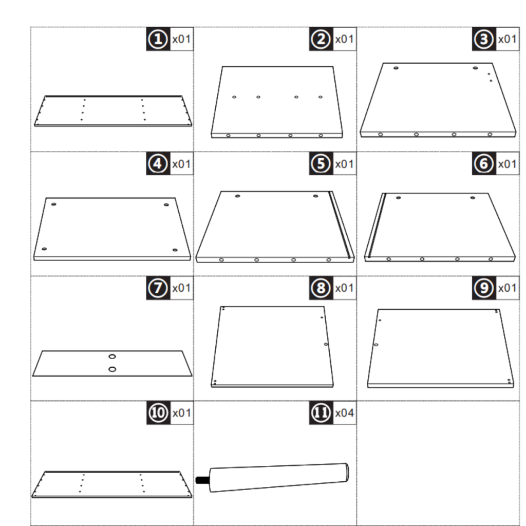Illustration showing all cabinet parts including panels, doors, and legs.