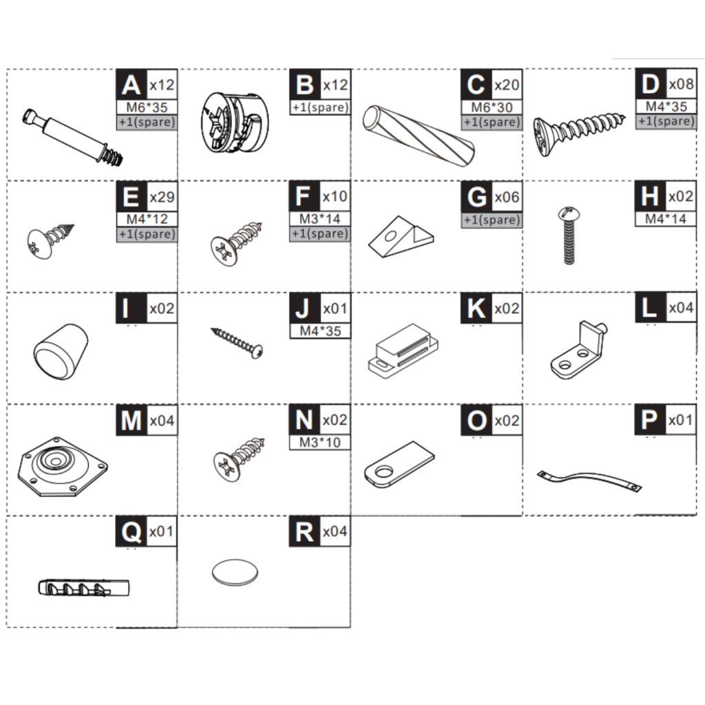 Illustration of hardware parts including screws, dowels, and brackets.