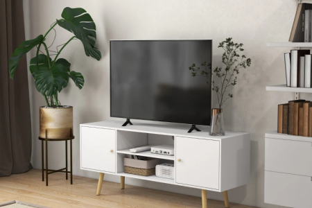 Modern living room with white TV stand, flat screen, and plant.