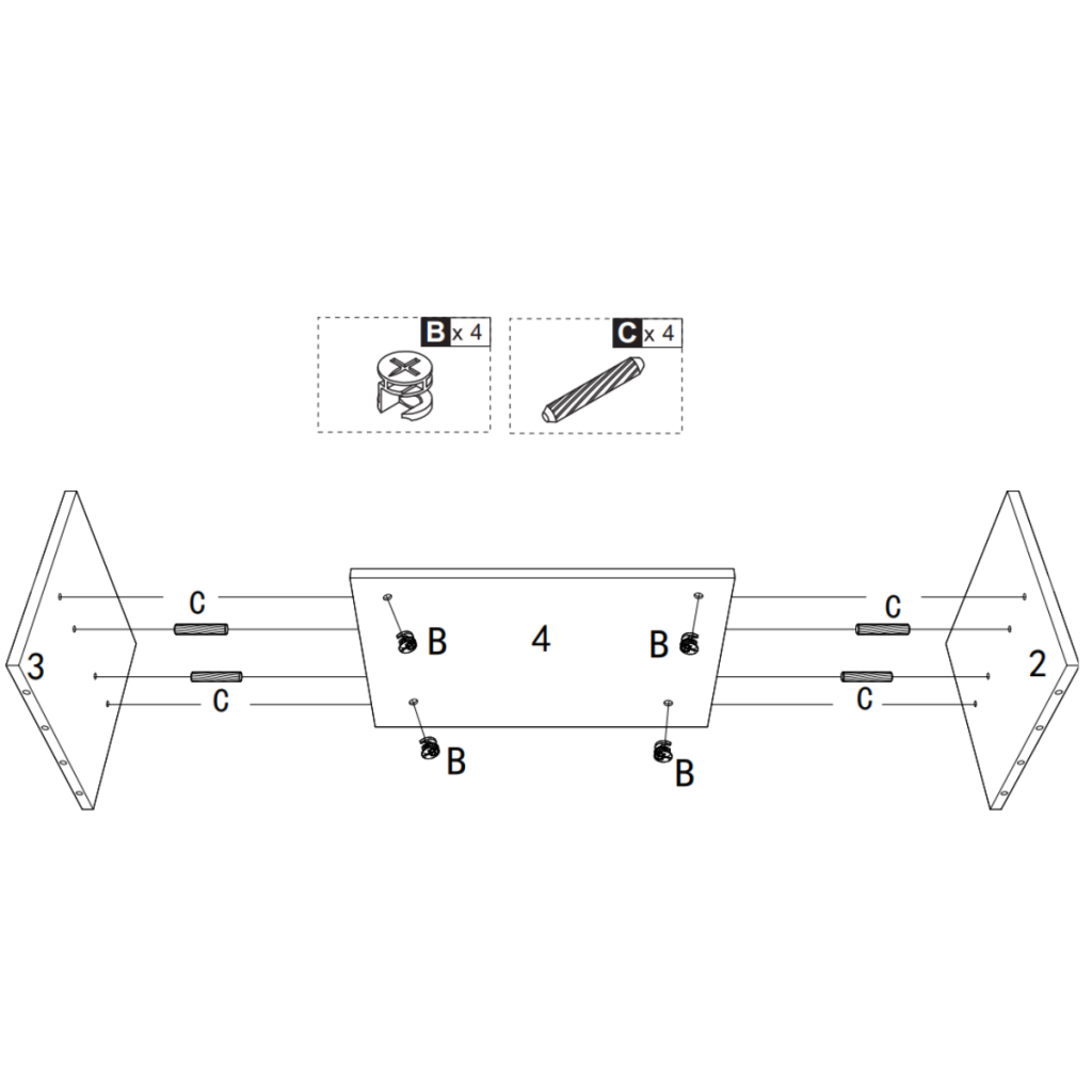 Diagram showing side panels connecting to bottom base panel with dowels.