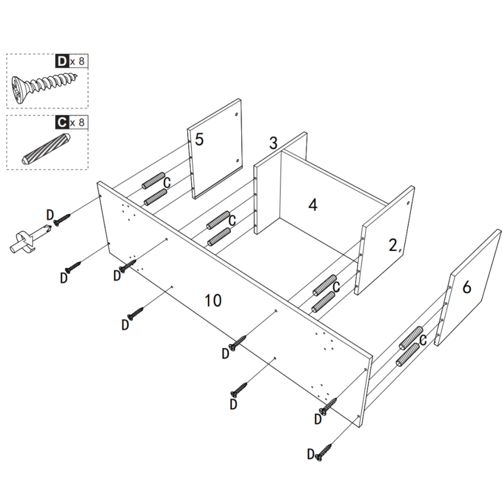 Assembly diagram showing dividers and back panel attachment with screws.