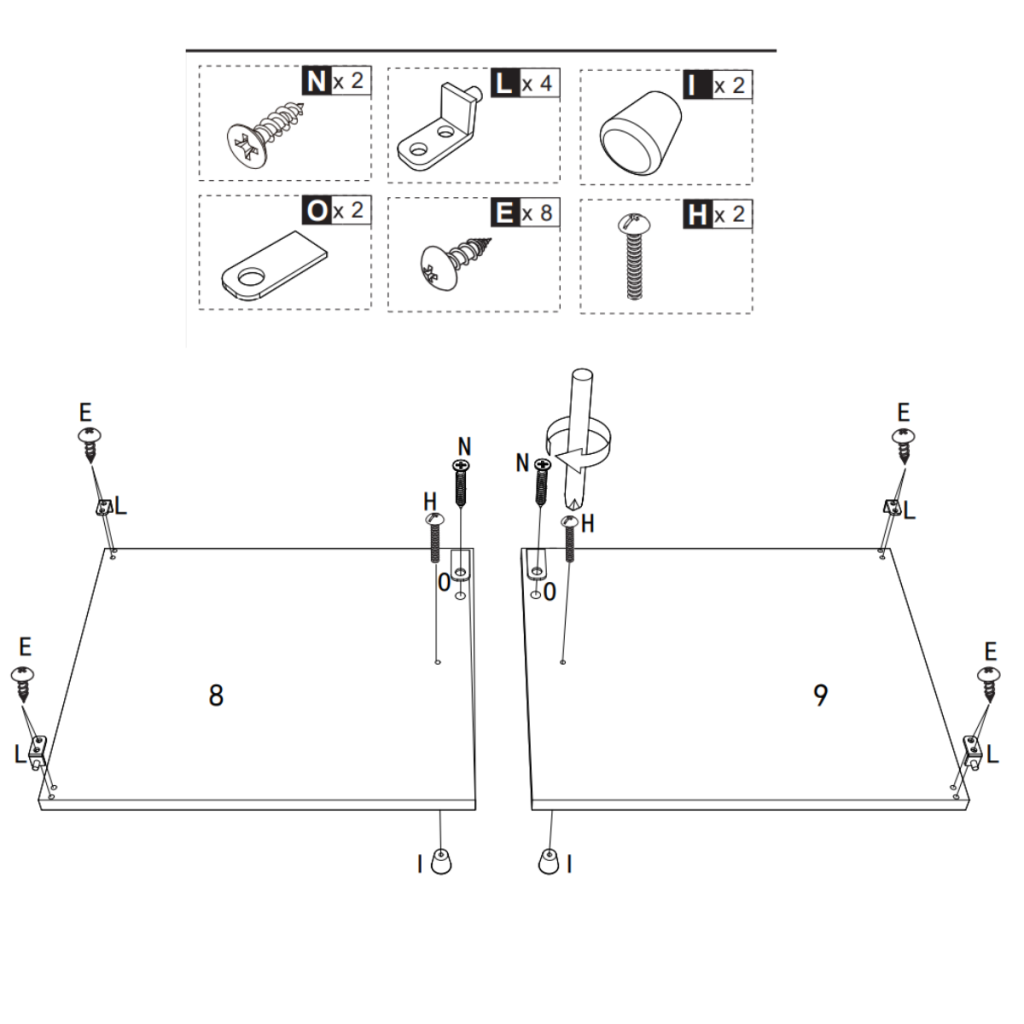 Instruction diagram for adding hardware and stoppers to doors 8 and 9.