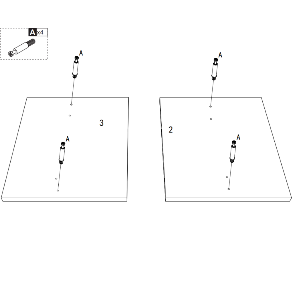 Assembly guide showing screws inserted into side panels 2 and 3.