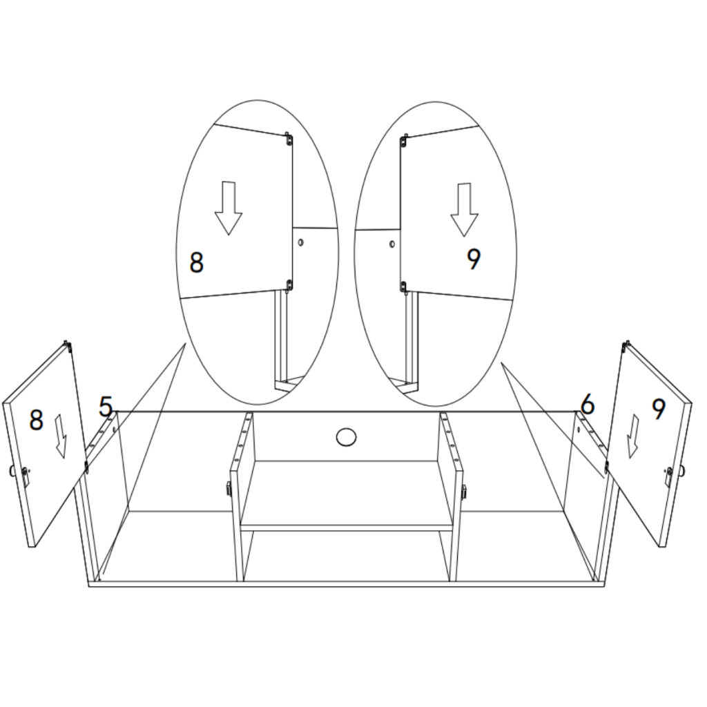 Instruction diagram for attaching cabinet doors to side panels.