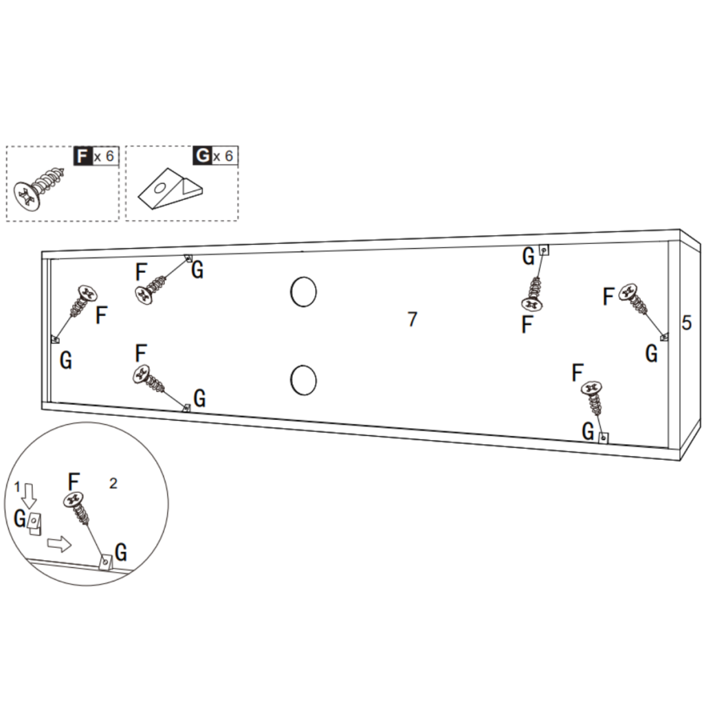 Illustration of securing the cabinet back panel with screws and brackets.