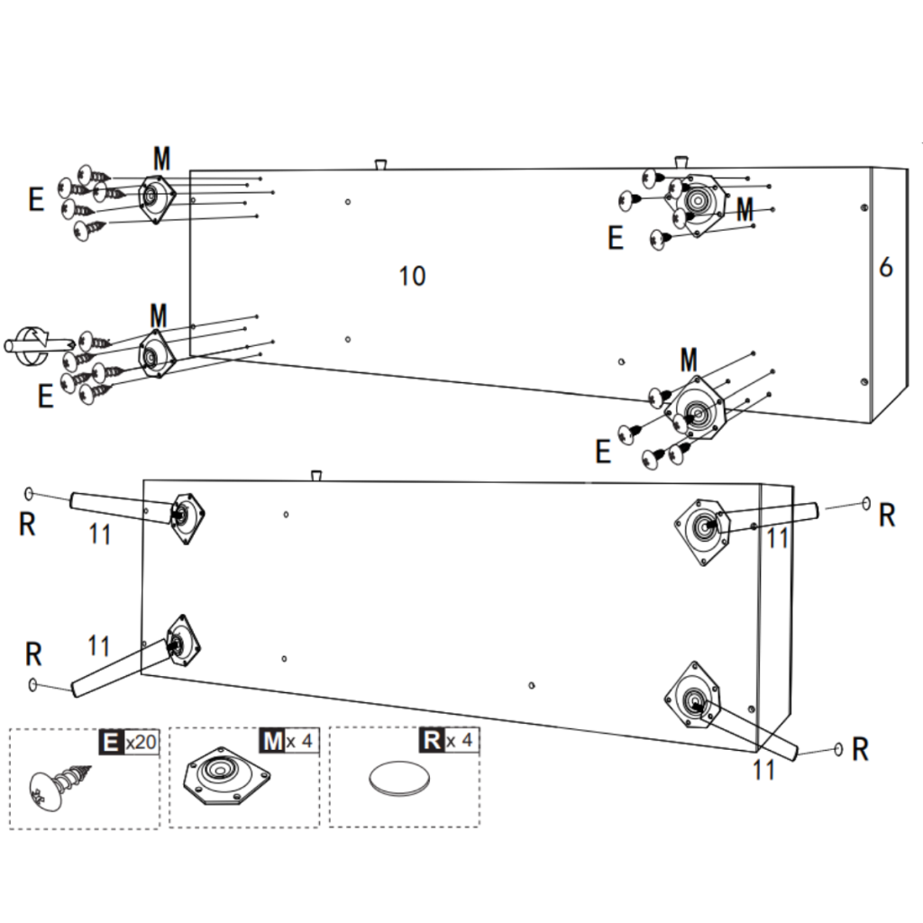 Furniture assembly diagram showing screw placement for attaching legs.