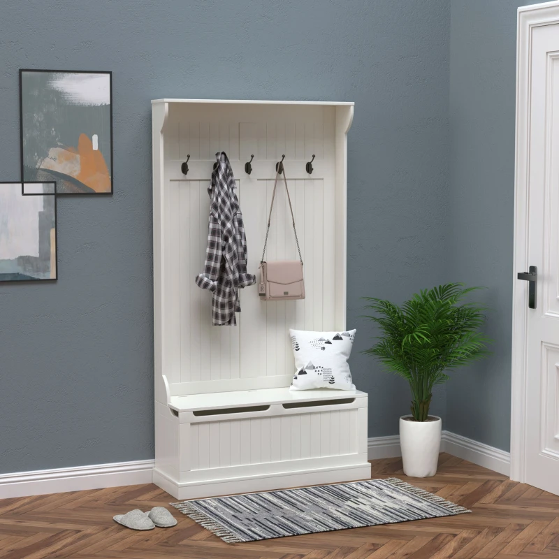 Assembled HOMCOM 3-in-1 hall tree with coat hooks and bench.