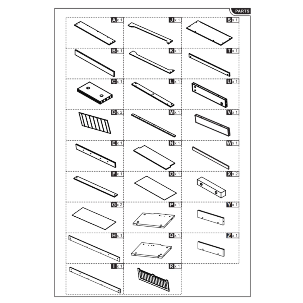 Complete parts list with labeled panels and rails.