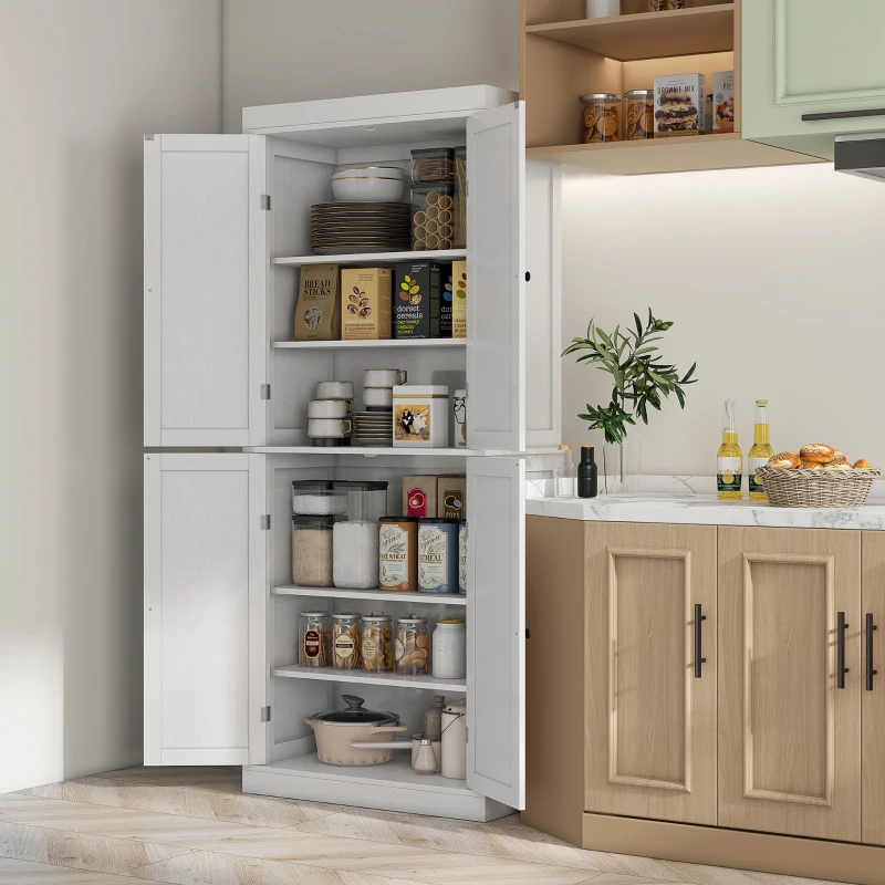 White tall pantry cabinet with open doors showing jars, food containers, and cookware in kitchen.
