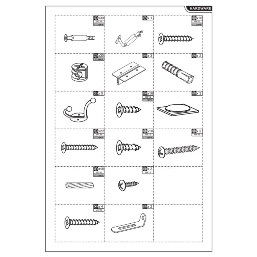 Complete hardware components with screws, dowels, and brackets.