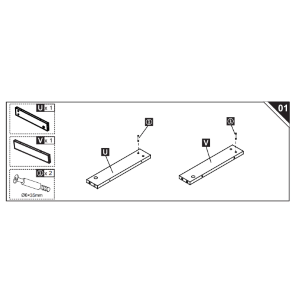 Assembly diagram showing screws fixing support panels U and V.