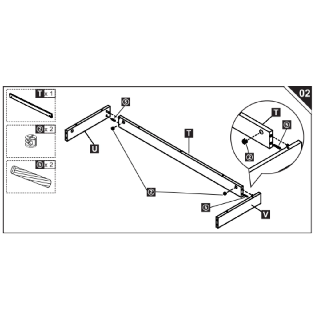Diagram connecting crossbar T to support panels U and V.