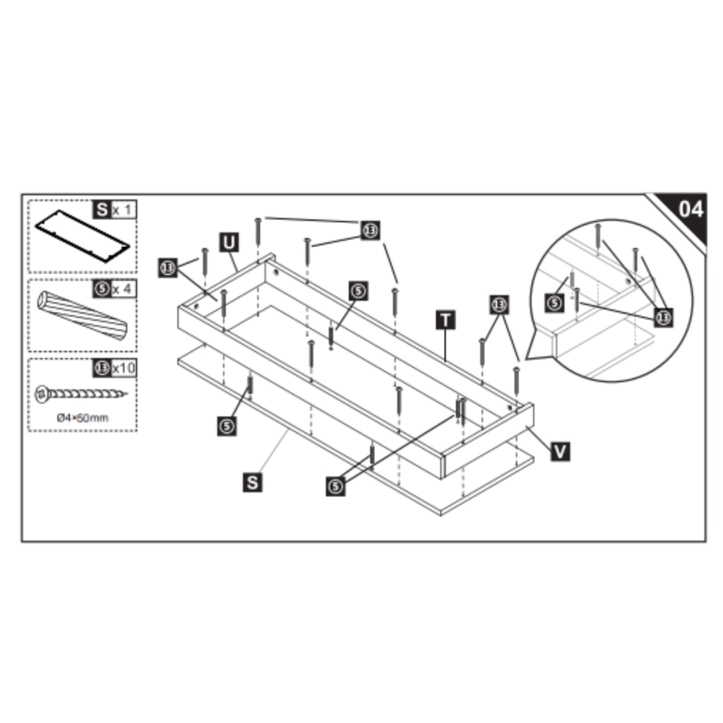 Diagram showing bottom panel S secured with multiple screws.