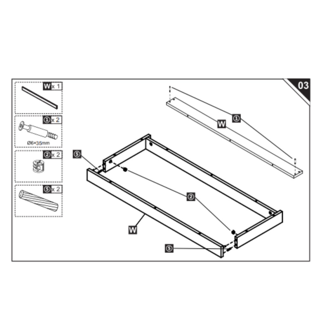 Illustration of support rail W secured to side panels with screws.
